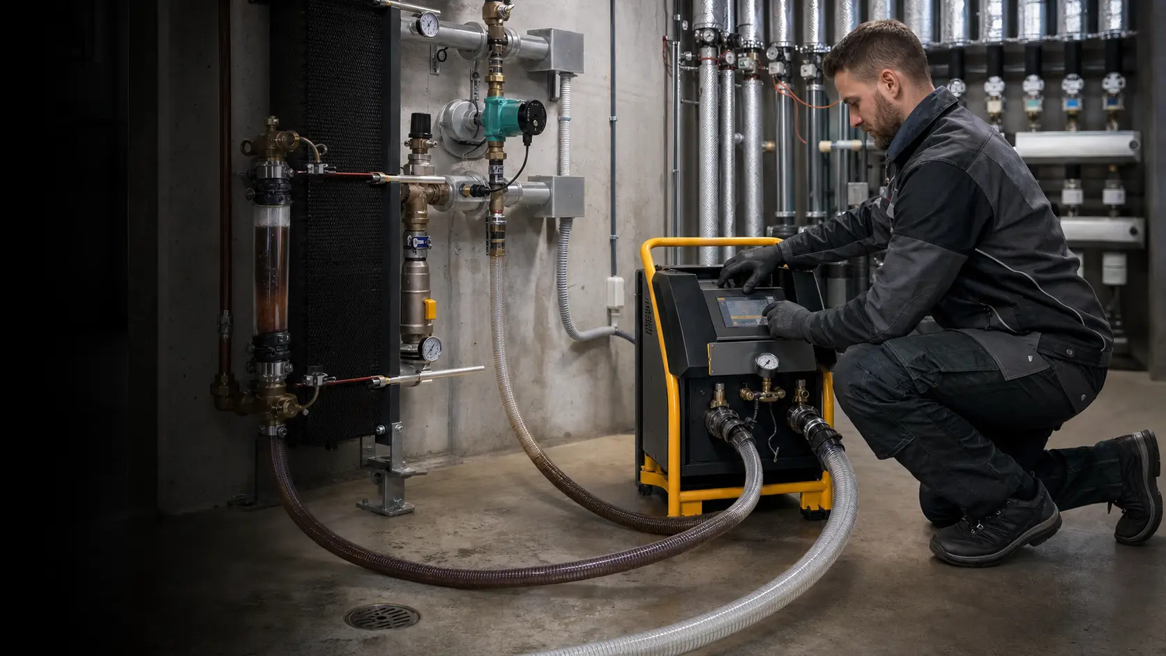 Tehnik teostab professionaalset küttesüsteemi läbipesu REMS Multi-Push S Connected seadmega